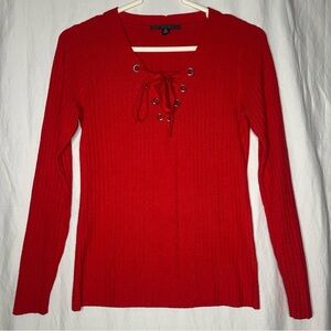 Cyrus Long Sleeve Red Ribbed Sweater V Neck, Lace Up, Metal Grommets XS